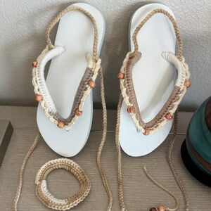 Handcrafted Crochet Beaded Sandals - Cream and Tan